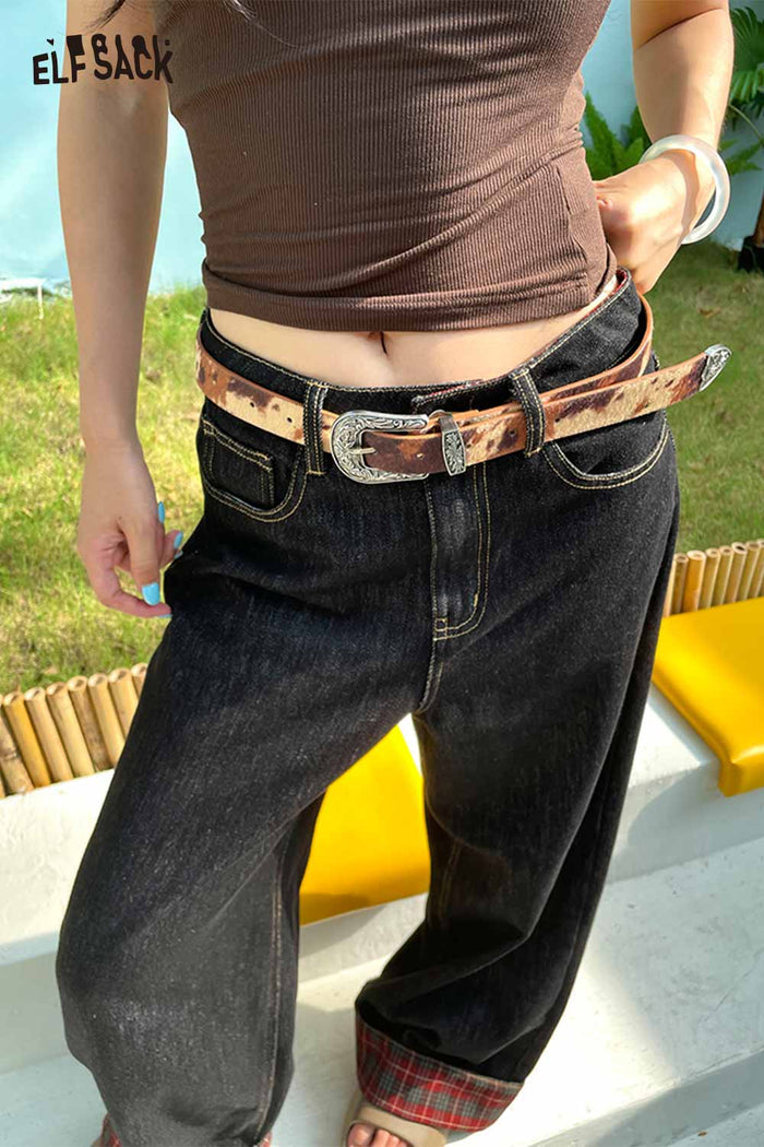 ELFSACK Vegan Leather Cowhide Pattern Embossed Silver Tone Hardware Belt