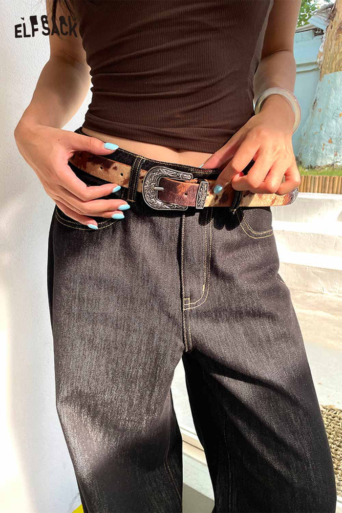 ELFSACK Vegan Leather Cowhide Pattern Embossed Silver Tone Hardware Belt