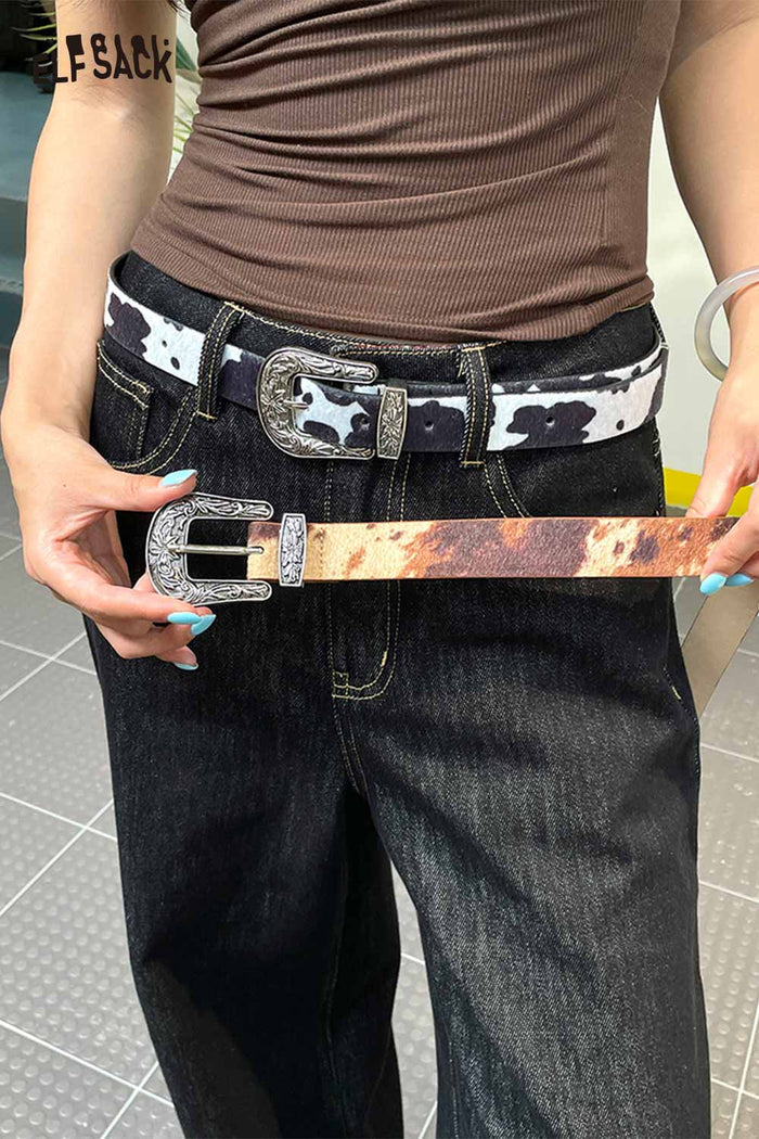 ELFSACK Vegan Leather Cowhide Pattern Embossed Silver Tone Hardware Belt