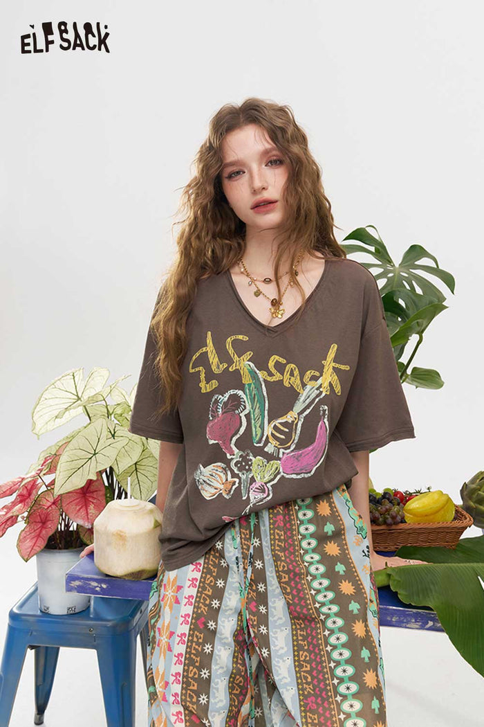 ELFSACK Vegetable Print Irregular Hem Tee