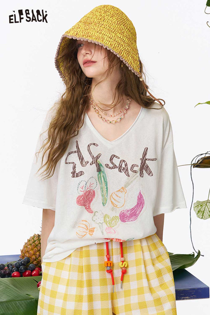 ELFSACK Vegetable Print Irregular Hem Tee