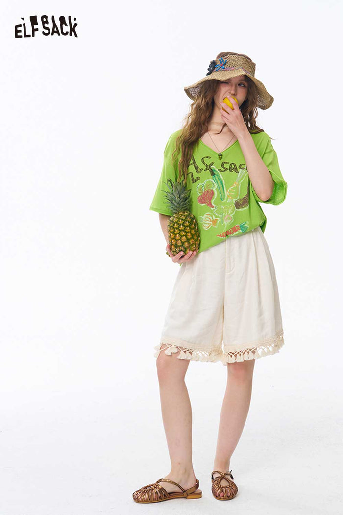 ELFSACK Vegetable Print Irregular Hem Tee