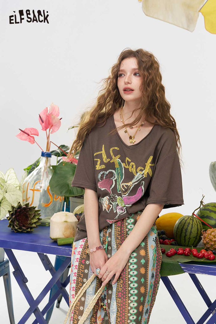 ELFSACK Vegetable Print Irregular Hem Tee