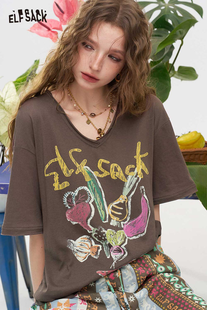 ELFSACK Vegetable Print Irregular Hem Tee