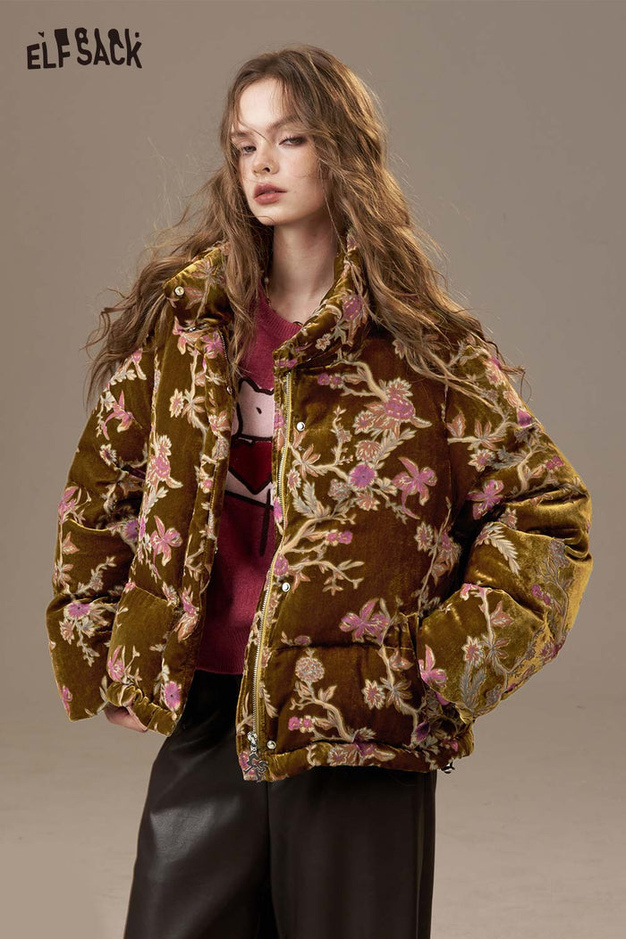ELFSACK Velvet Quilted Chinese Inspired Design Short Puffer Jacket