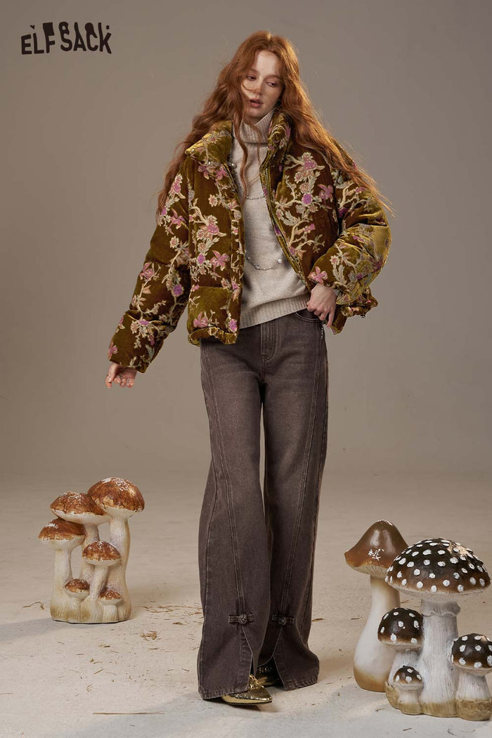 ELFSACK Velvet Quilted Chinese Inspired Design Short Puffer Jacket