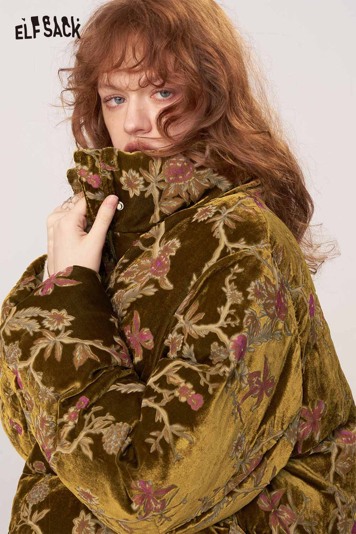 ELFSACK Velvet Quilted Chinese Inspired Design Short Puffer Jacket