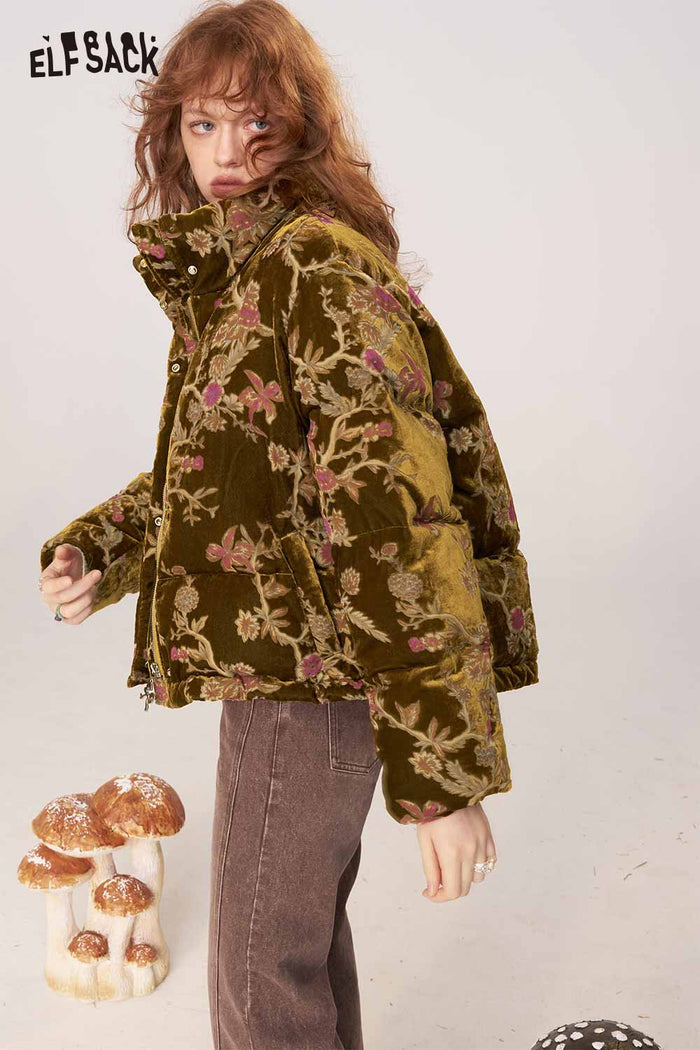 ELFSACK Velvet Quilted Chinese Inspired Design Short Puffer Jacket