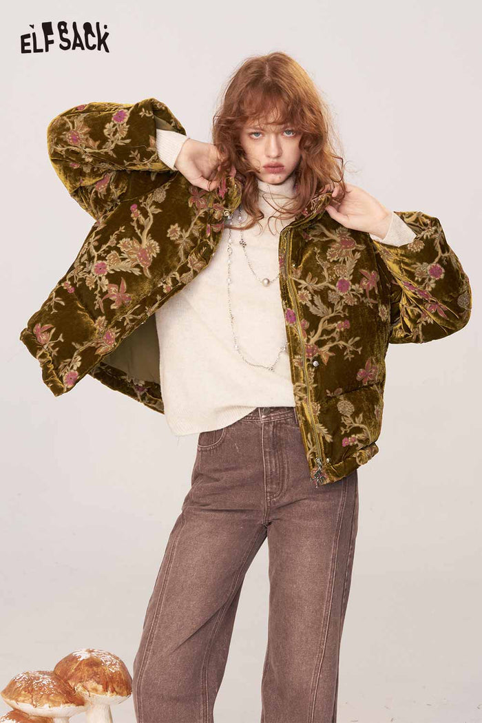 ELFSACK Velvet Quilted Chinese Inspired Design Short Puffer Jacket