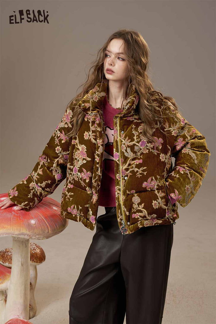 ELFSACK Velvet Quilted Chinese Inspired Design Short Puffer Jacket