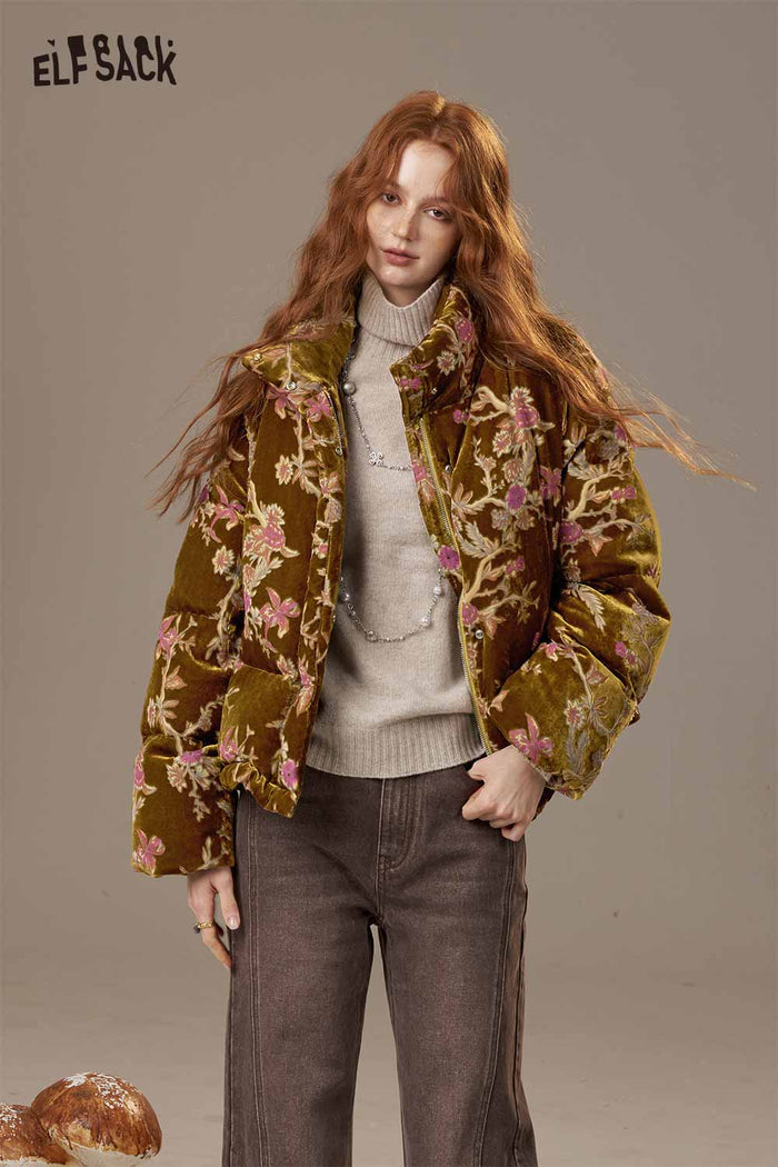 ELFSACK Velvet Quilted Chinese Inspired Design Short Puffer Jacket