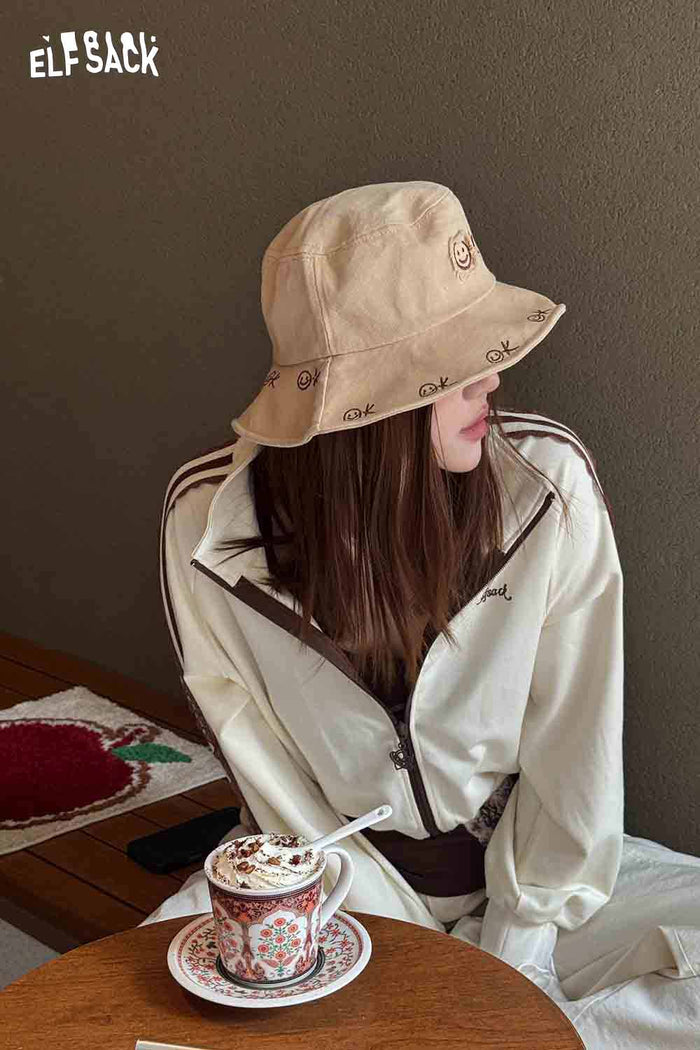 ELFSACK Versatile Sun Protection Fashion Smiley Face Embroidery Fisherman Hat