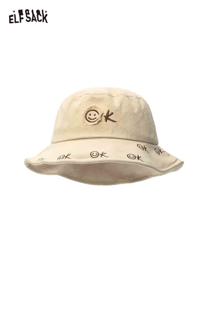ELFSACK Versatile Sun Protection Fashion Smiley Face Embroidery Fisherman Hat