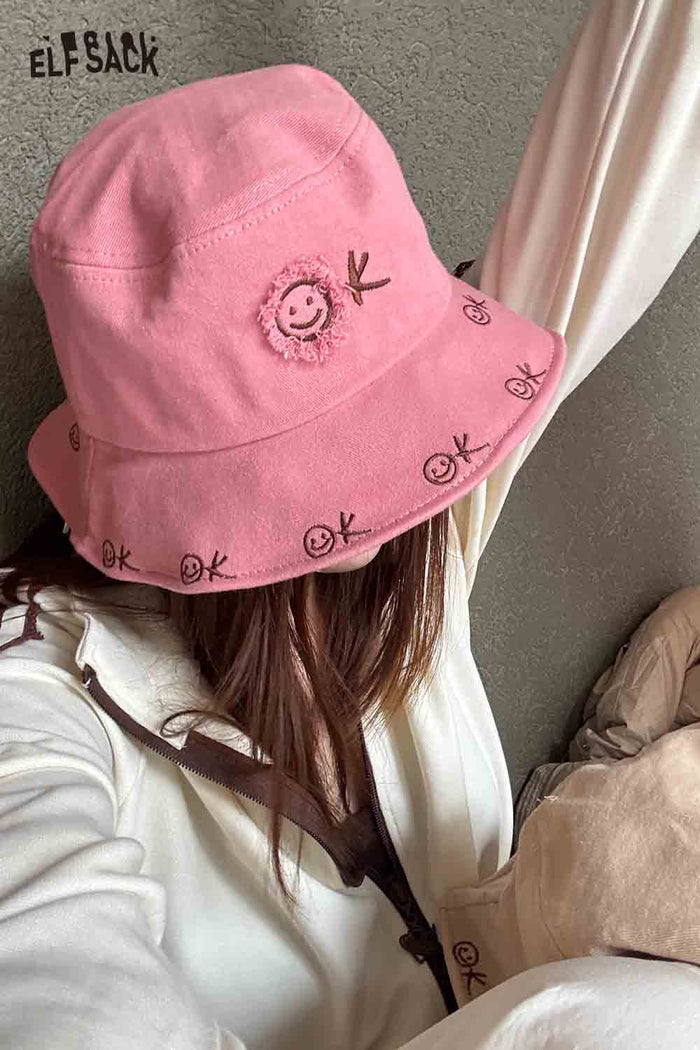 ELFSACK Versatile Sun Protection Fashion Smiley Face Embroidery Fisherman Hat