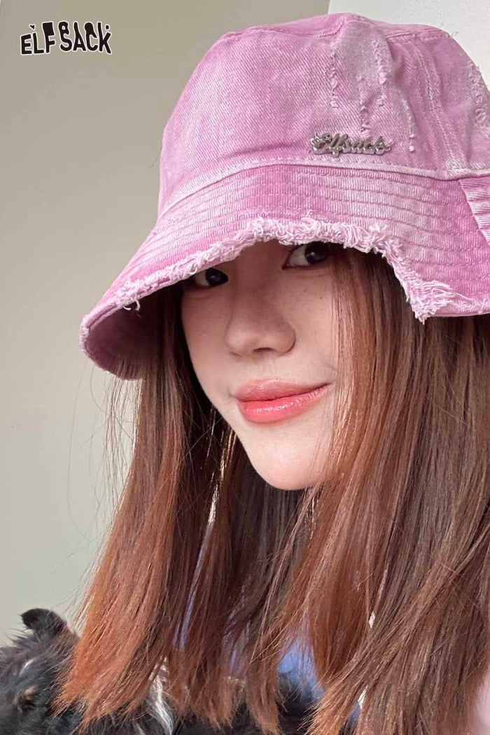 ELFSACK Vintage Denim Raw-Edge Sun Visor Fisherman Hat