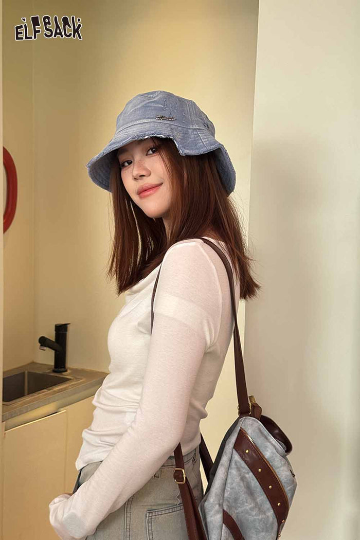 ELFSACK Vintage Denim Raw-Edge Sun Visor Fisherman Hat