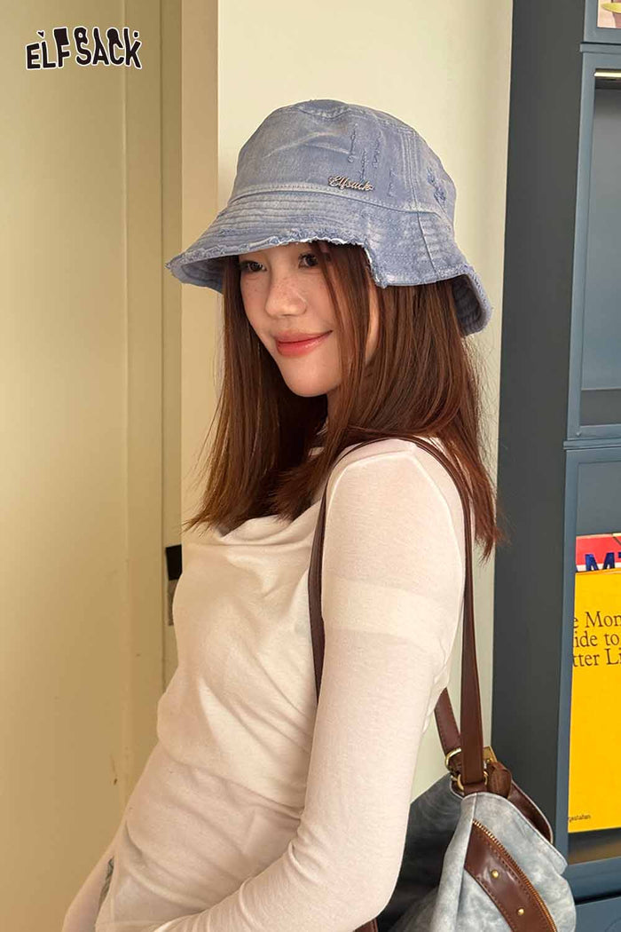 ELFSACK Vintage Denim Raw-Edge Sun Visor Fisherman Hat