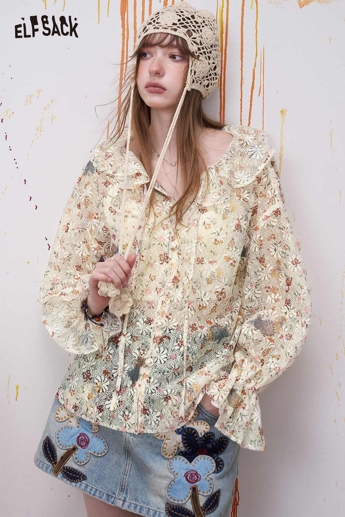 ELFSACK Vintage Floral Star Chiffon Blouse