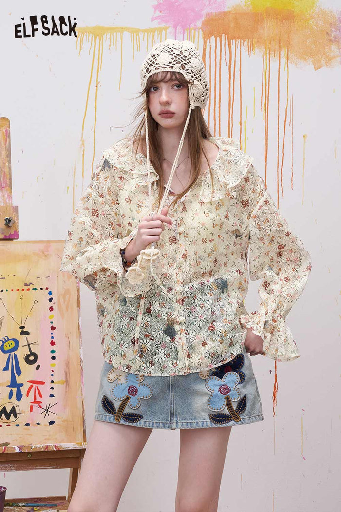 ELFSACK Vintage Floral Star Chiffon Blouse