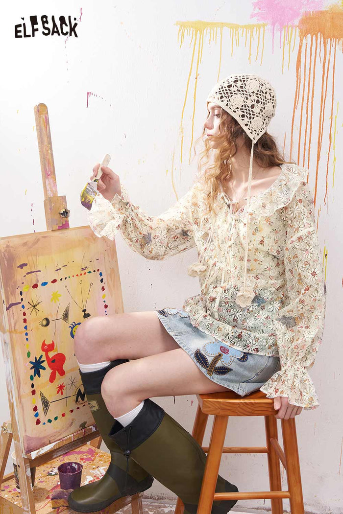 ELFSACK Vintage Floral Star Chiffon Blouse