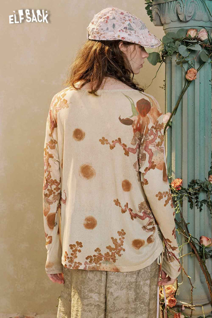 ELFSACK Vintage Graphic Asymmetrical Long Sleeve Tee
