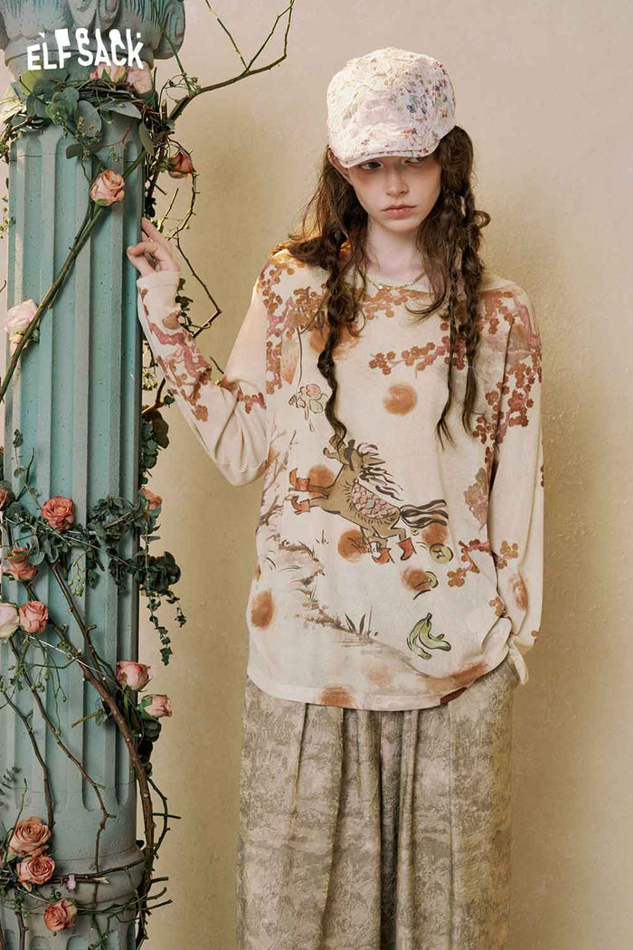 ELFSACK Vintage Graphic Asymmetrical Long Sleeve Tee