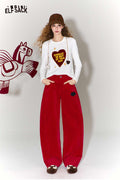 ELFSACK Vintage Heart Embroidery Wide Leg Pants