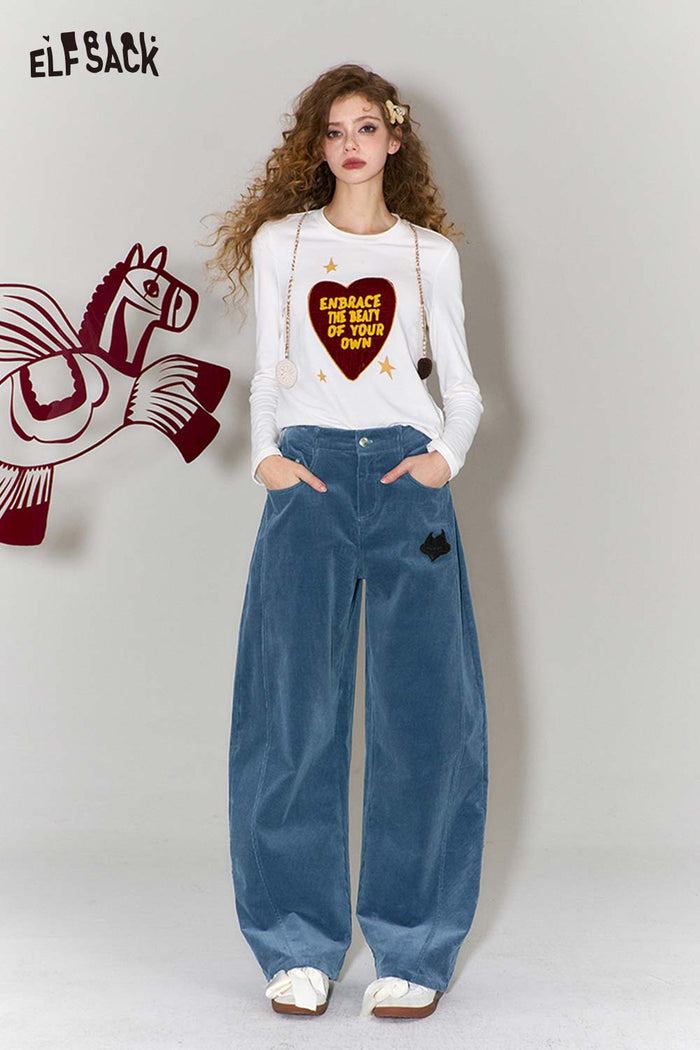 ELFSACK Vintage Heart Embroidery Wide Leg Pants