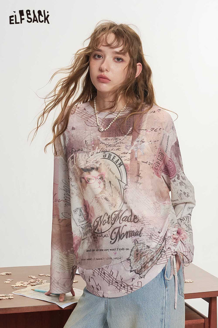 Vintage Long Sleeve Cat Floral Graphic Tee