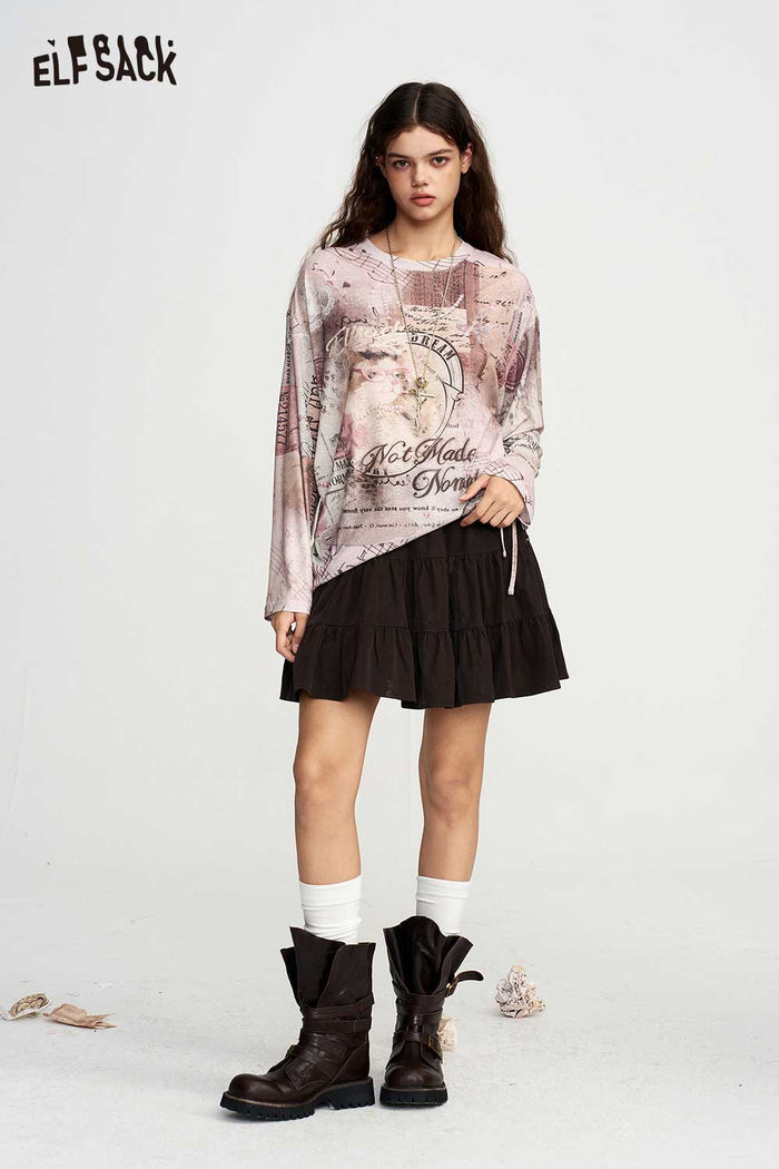 Vintage Long Sleeve Cat Floral Graphic Tee