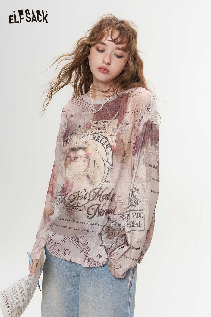 Vintage Long Sleeve Cat Floral Graphic Tee