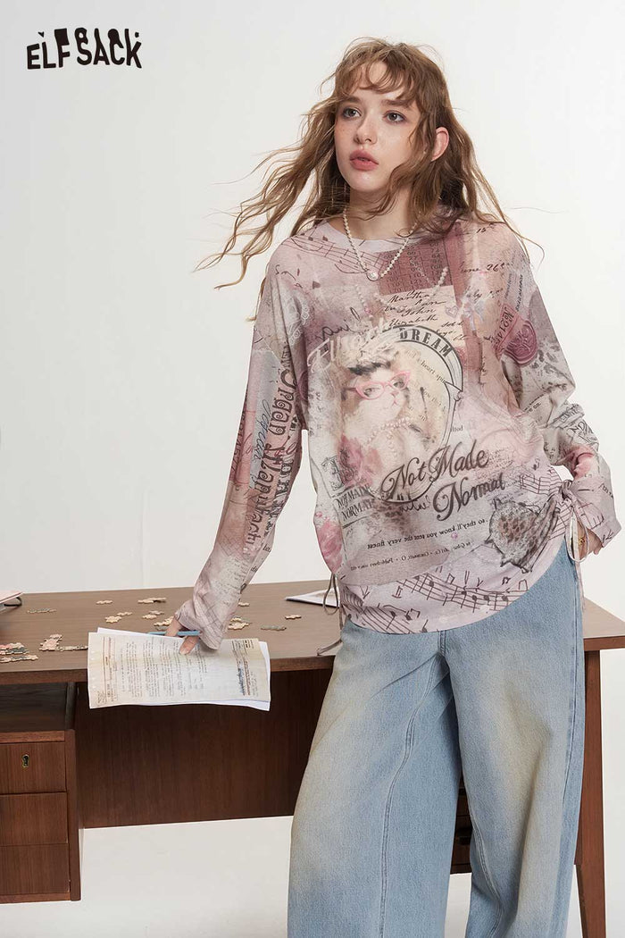 Vintage Long Sleeve Cat Floral Graphic Tee