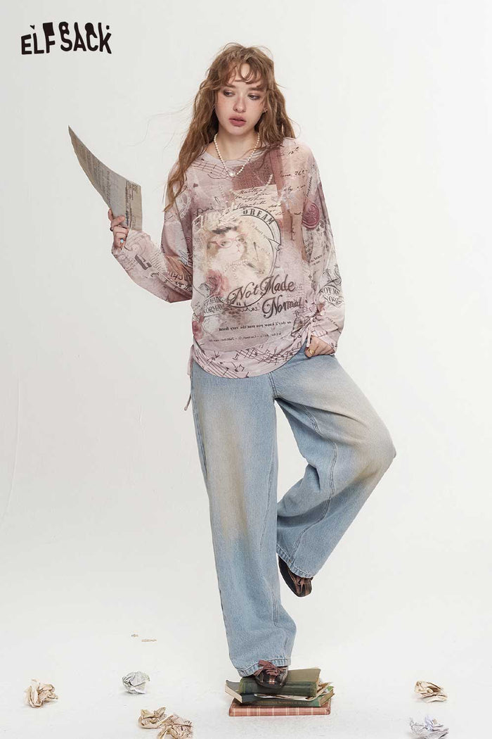 Vintage Long Sleeve Cat Floral Graphic Tee