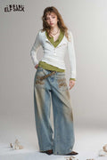 Vintage Loose Embroidered Pocket Wide Leg Jeans