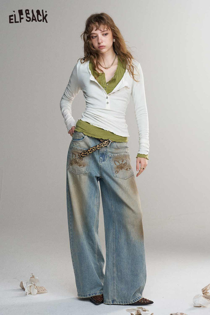 Vintage Loose Embroidered Pocket Wide Leg Jeans