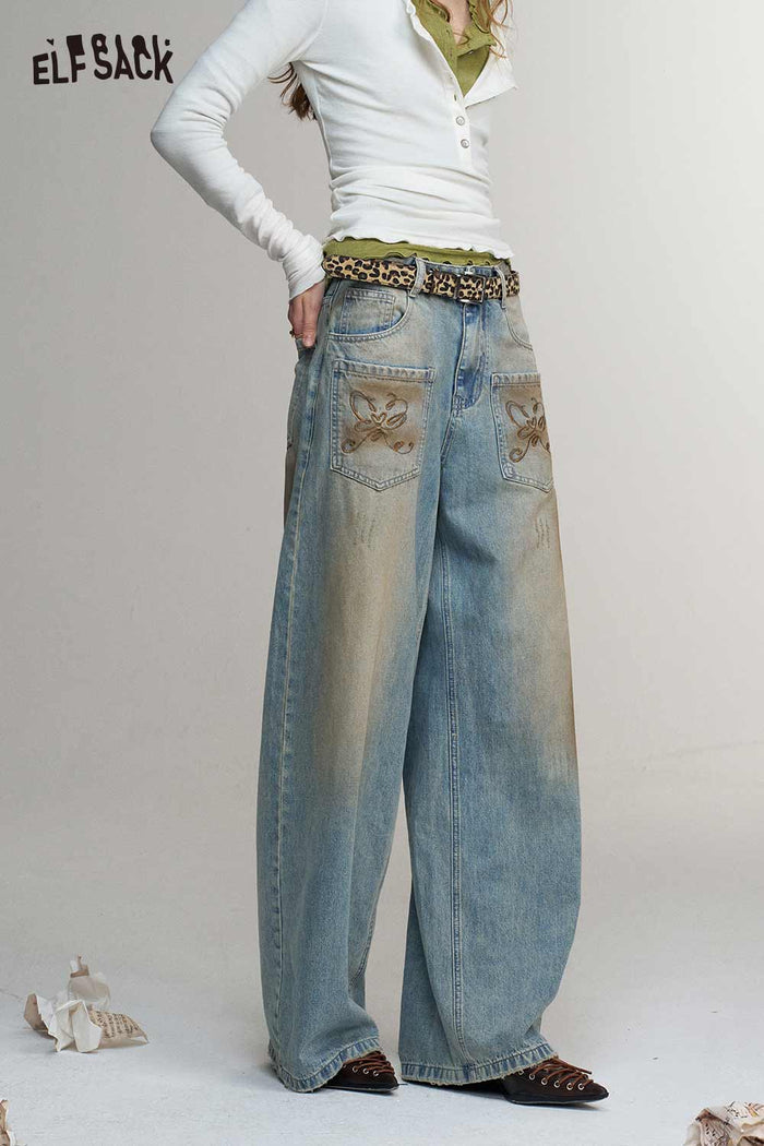 Vintage Loose Embroidered Pocket Wide Leg Jeans