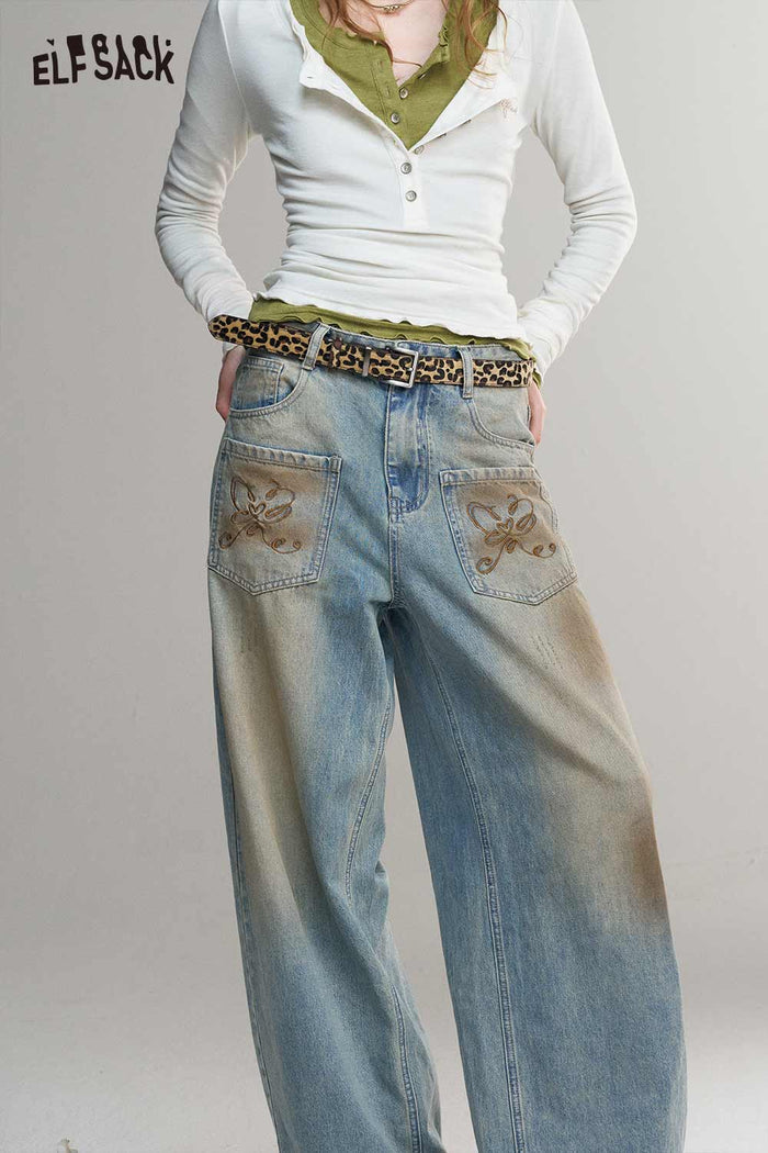 Vintage Loose Embroidered Pocket Wide Leg Jeans