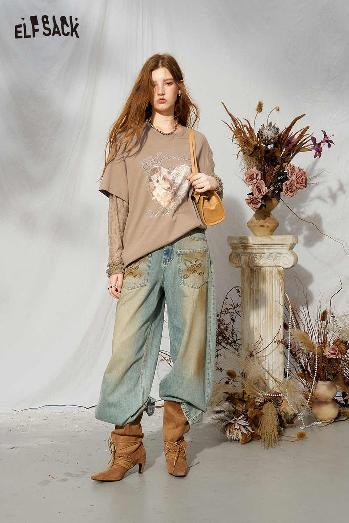 Vintage Loose Embroidered Pocket Wide Leg Jeans