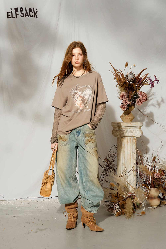Vintage Loose Embroidered Pocket Wide Leg Jeans