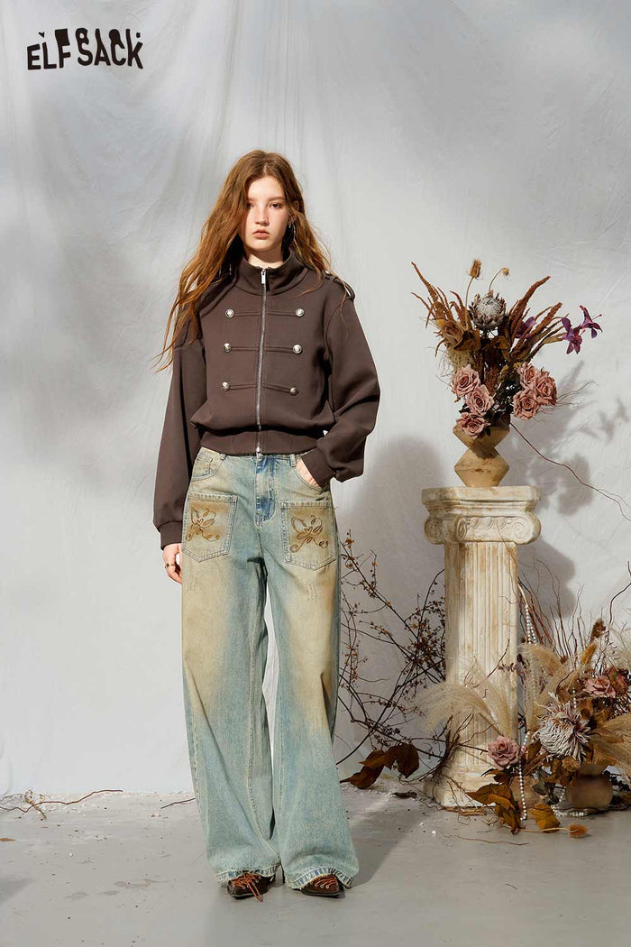 Vintage Loose Embroidered Pocket Wide Leg Jeans