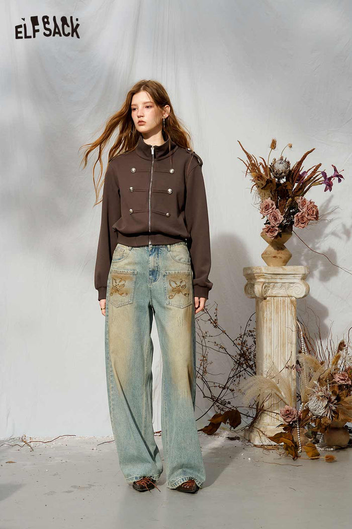Vintage Loose Embroidered Pocket Wide Leg Jeans