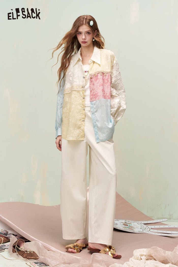 ELFSACK Vintage Mixed Media Colorful Jacquard Lace Trim Long Sleeve Shirt