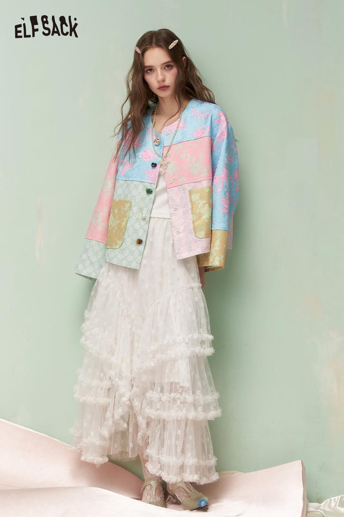 ELFSACK Vintage Mixed Media Colorful Jacquard Novelty Button Jacket