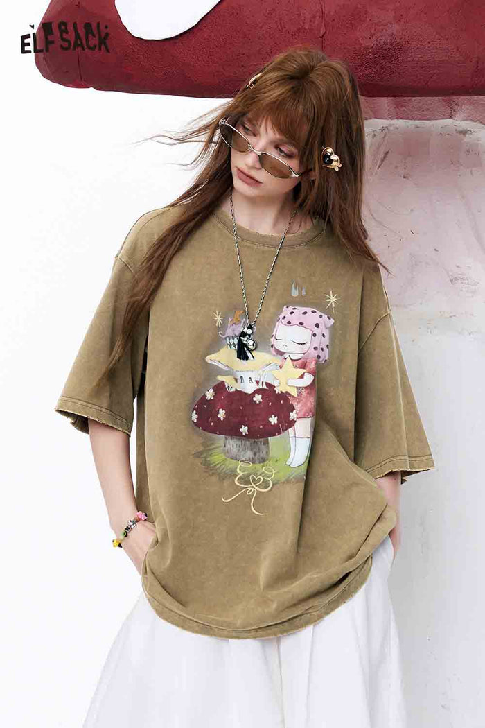 ELFSACK Vintage Mushroom Girl Oversized T-Shirt