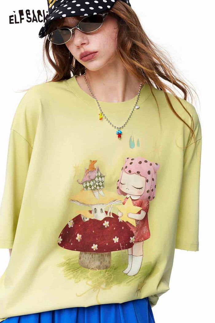 ELFSACK Vintage Mushroom Girl Oversized T-Shirt