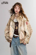 Vintage Patchwork Cat Print Lantern Sleeve Hooded Jacket