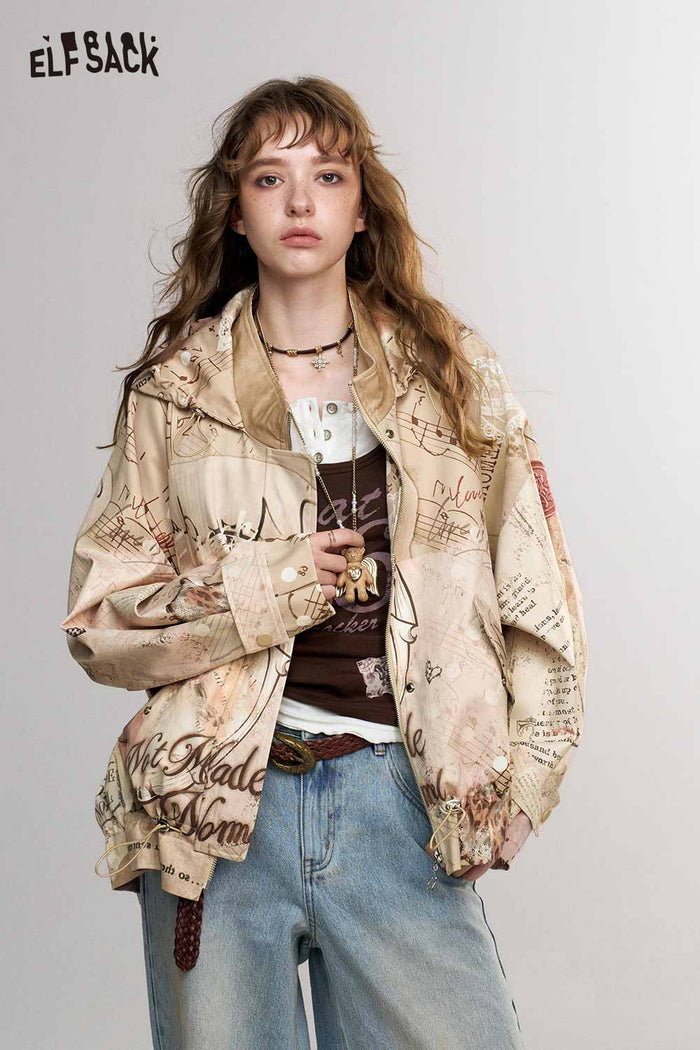 Vintage Patchwork Cat Print Lantern Sleeve Hooded Jacket