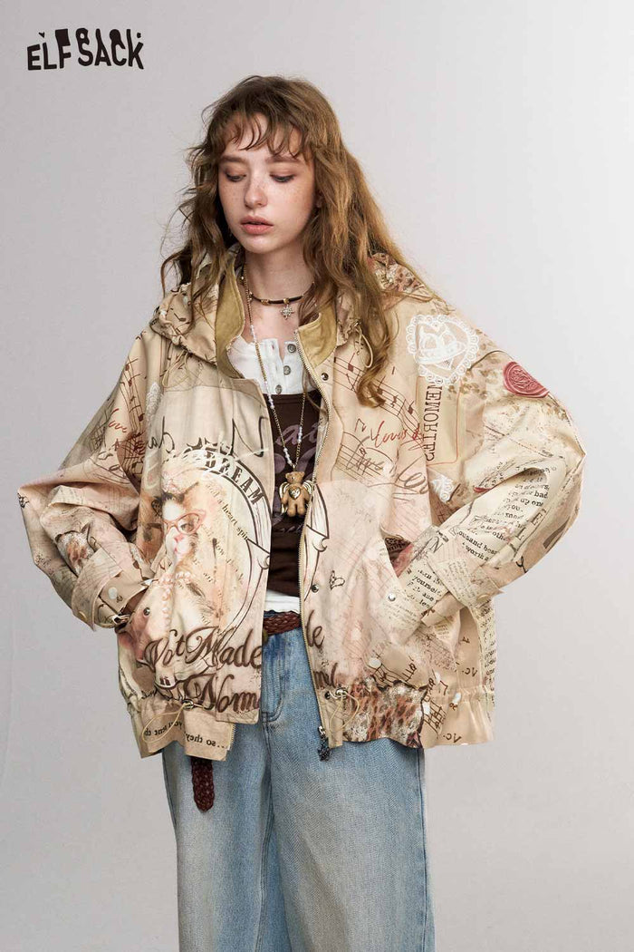 Vintage Patchwork Cat Print Lantern Sleeve Hooded Jacket