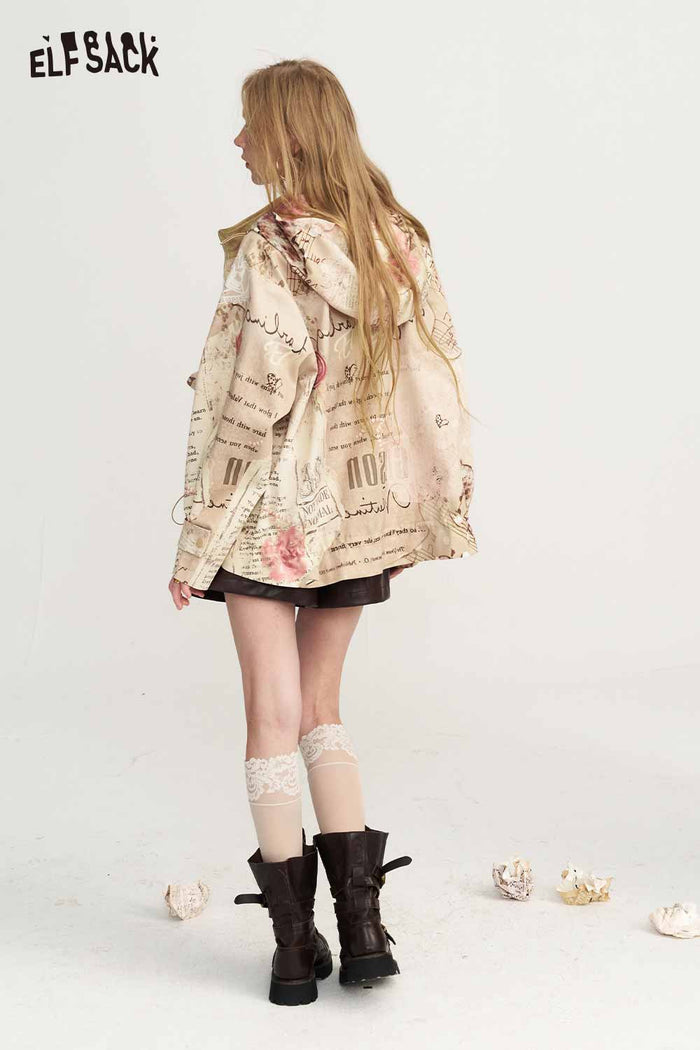 Vintage Patchwork Cat Print Lantern Sleeve Hooded Jacket