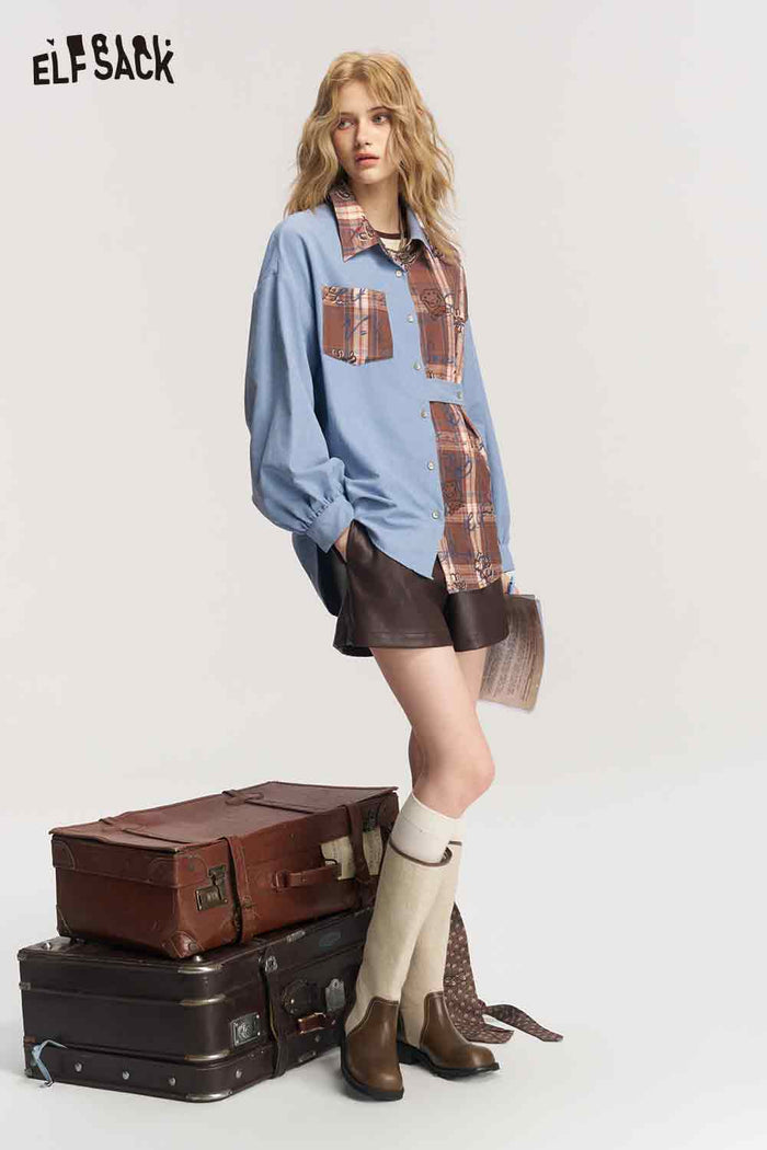 Vintage Patchwork Plaid Graffiti Blouse